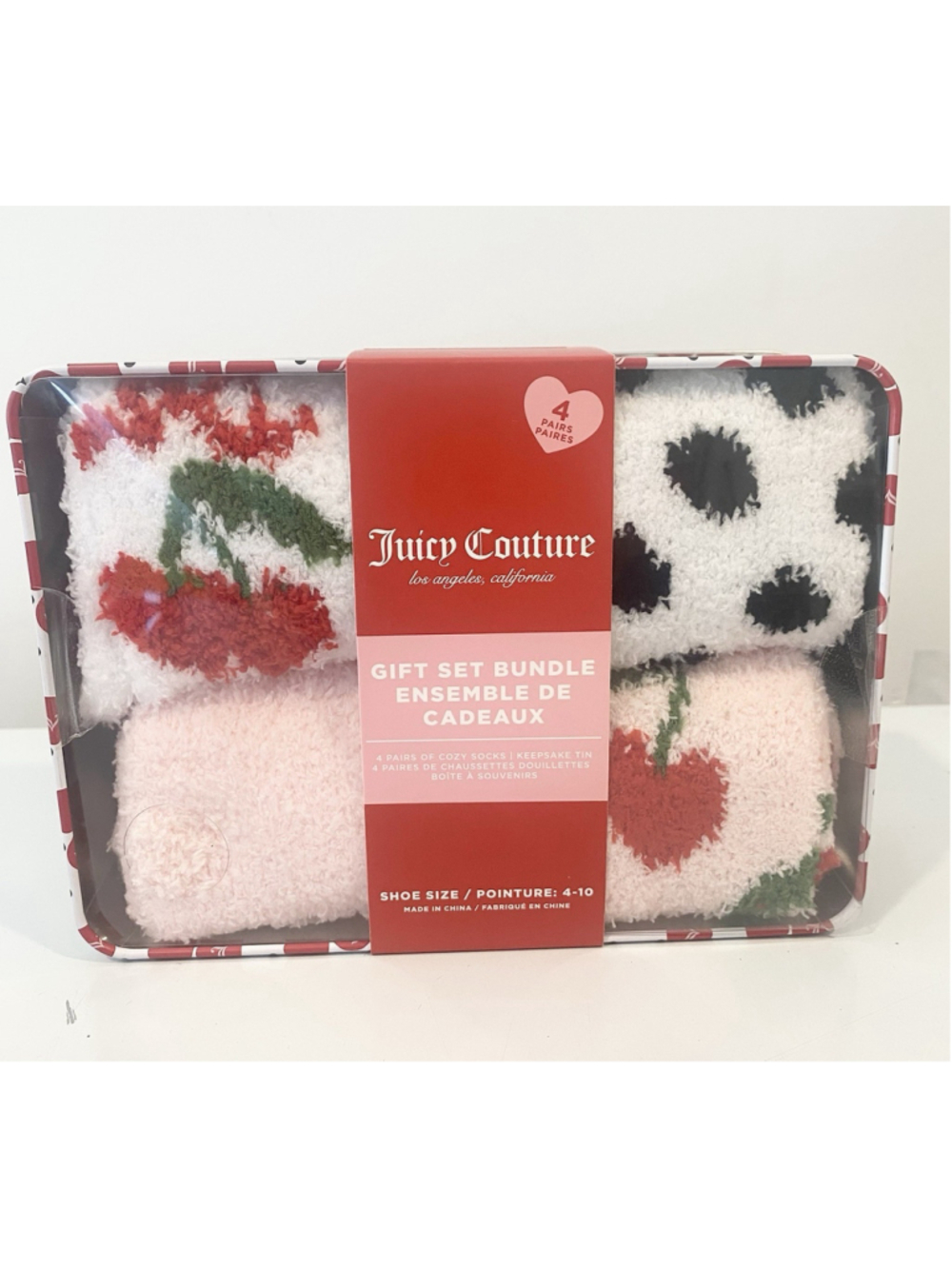 Juicy Couture Cozy Fuzzy Socks 4 Pair Gift Set Cherry Polka Dot Tin Size 4-10